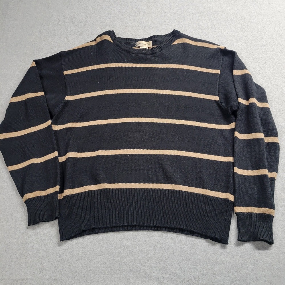 Christian Dior Size Medium Sweater Striped Black Tan Long Sleeved Cotton Blend